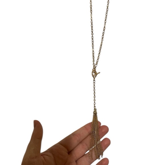 Jewelry - Long Lariat Tassel Necklace Toggle T-bar Clasp Gold Plated Alloy Silver